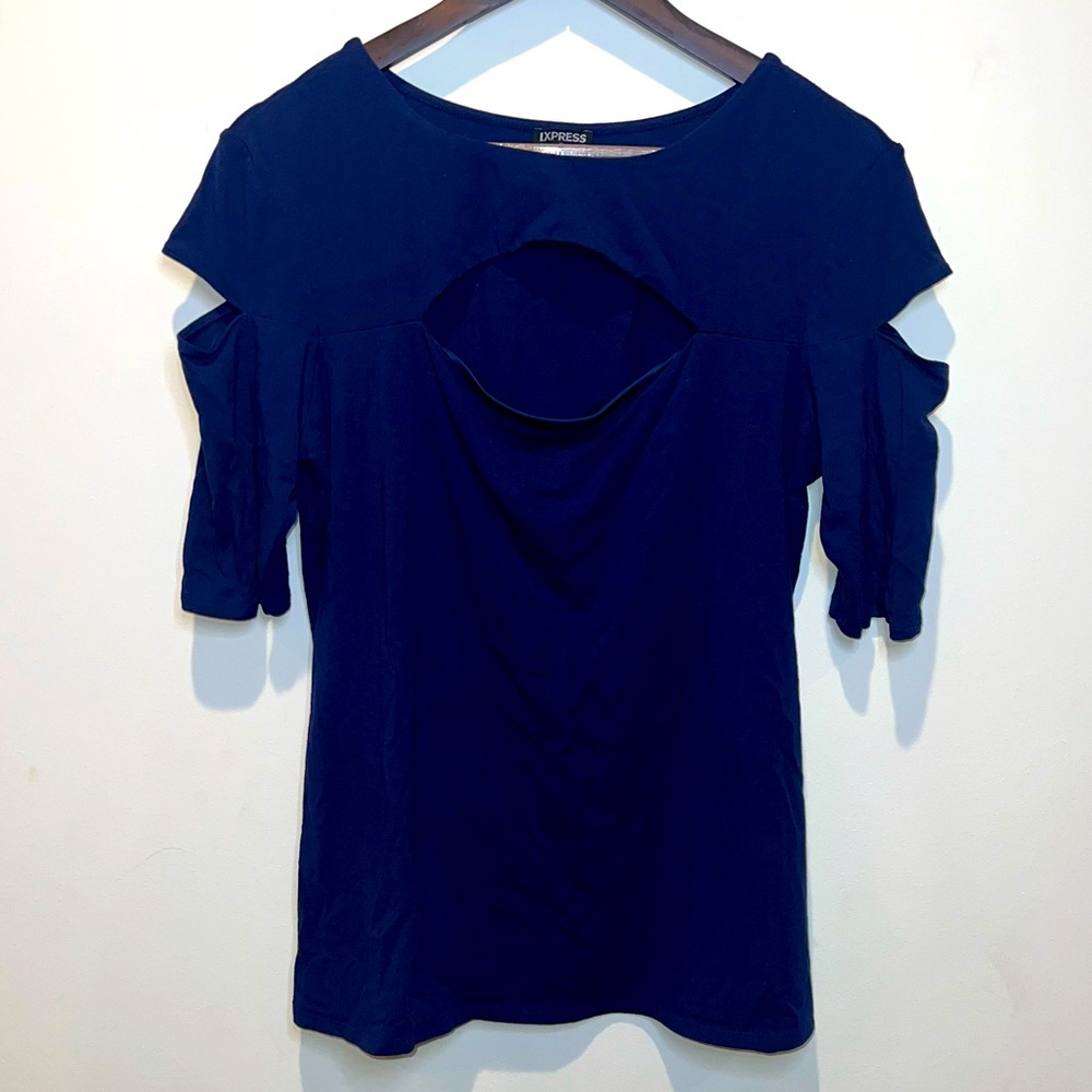 Express Women’s Size XL Navy Blue Top Chest And Arm Slit Cutouts Stretchy Soft